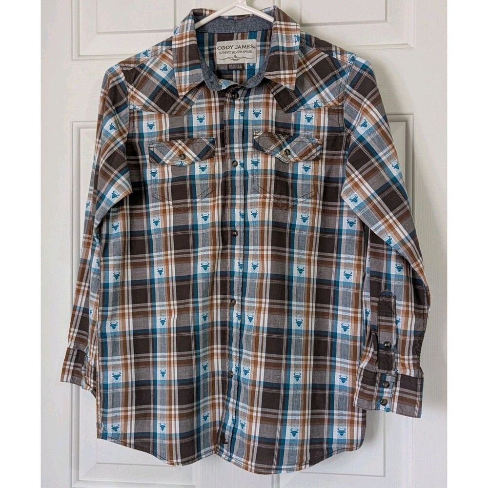 Cody James Western Snap Shirt Boys XL Brown Blue Plaid L/S Longhorn Cowboy Rodeo